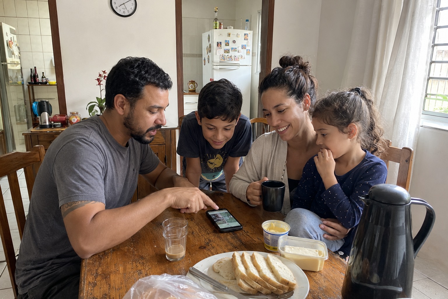 Família reunida na mesa do café da manhã