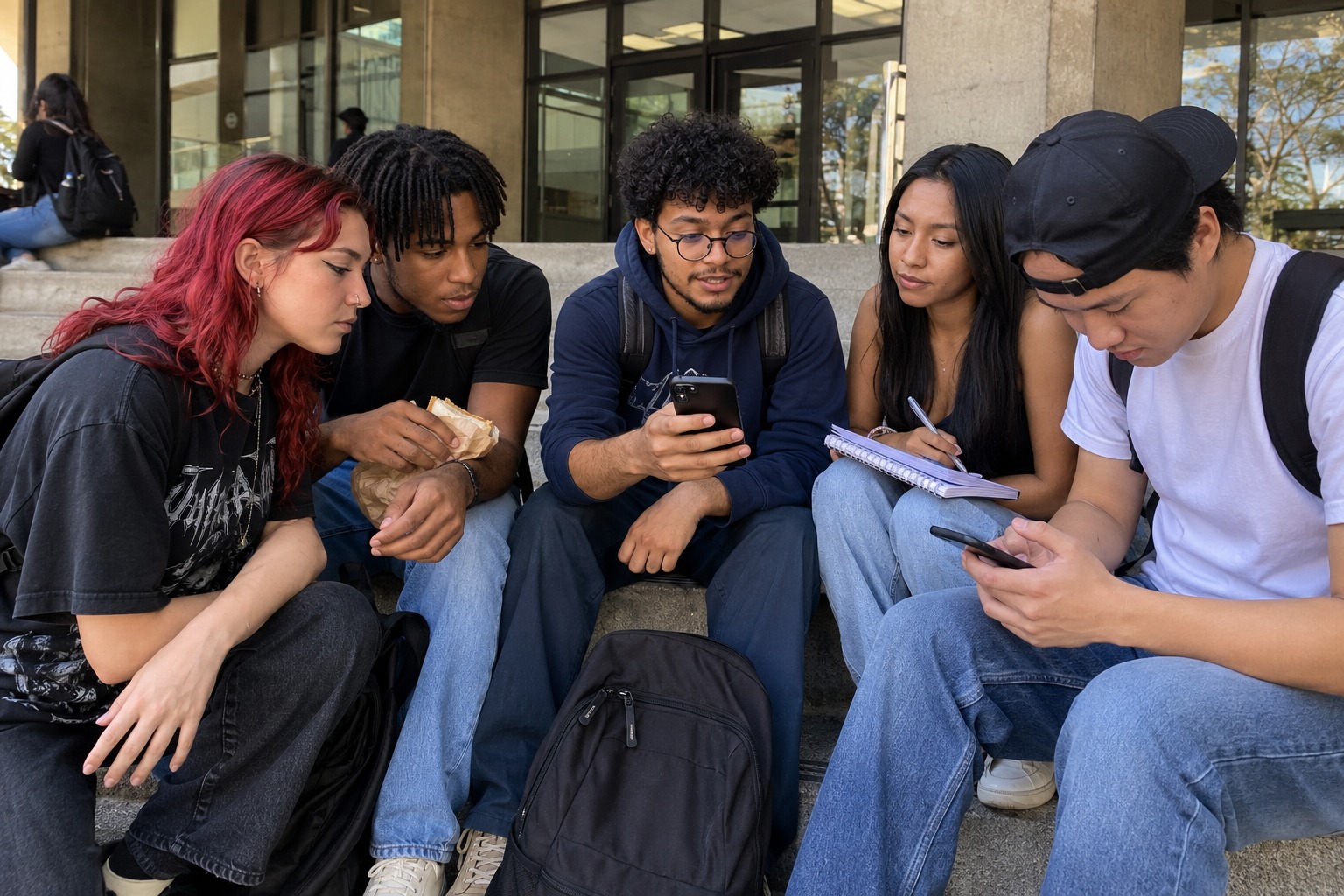 Universitários na escadaria com celular